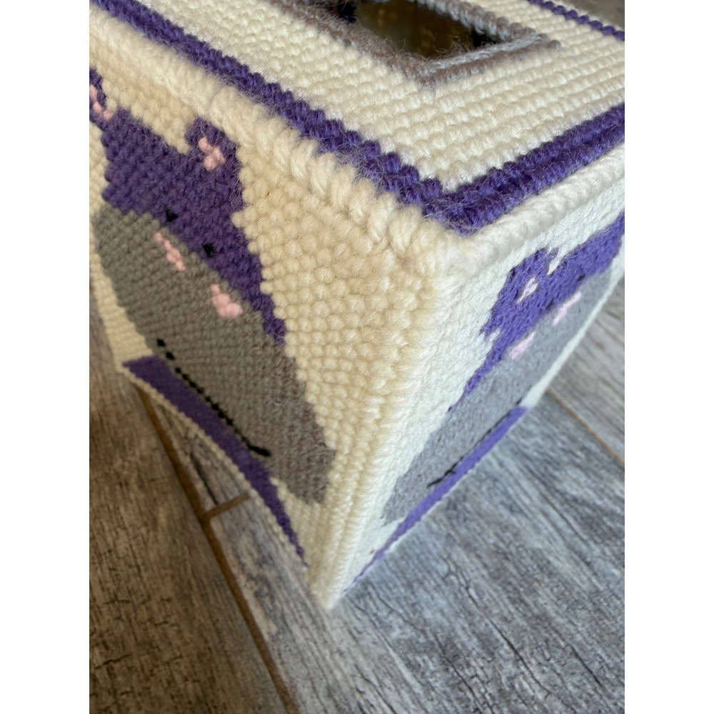 Handmade Hippo Needlepoint Tissue Box Cover Cottagecore Yarn Folk Art Home Decor